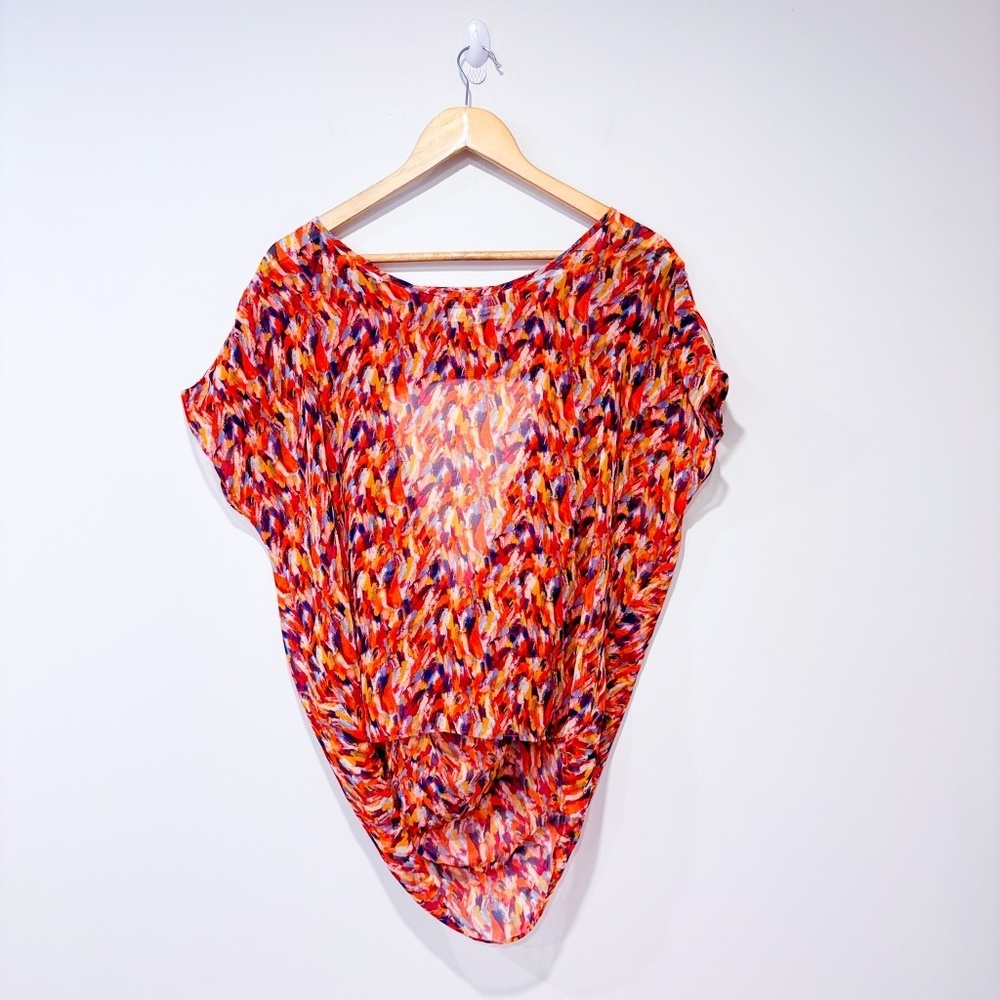BCBGENERATION Multicolor Abstract Print Sheer Open Back High Low Blouse Medium